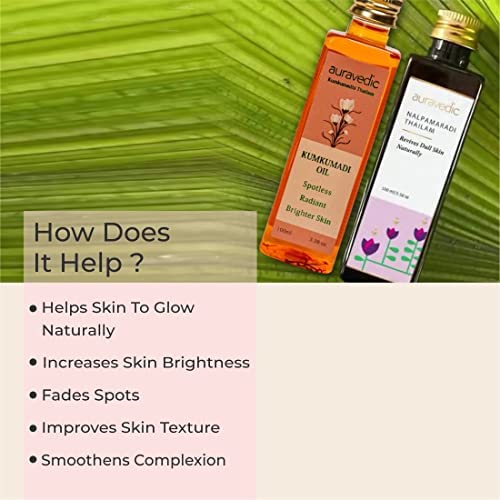 Auravedic Kumkumadi & Nalpamaradi Thailam Combo | Face & Body Oil with Ayurvedic Botanicals | Helps Improve Skin Texture & Tone | Daily Use Massage Oil | 3.38 Fl Oz (Pack of 2)