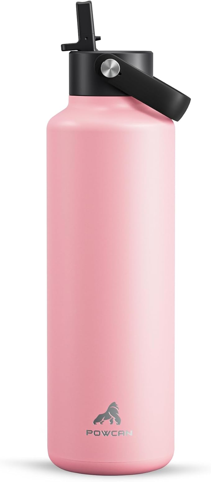 24oz Stainless Steel Slim Water Bottle for Adults: Sweatproof, Flex Cap, Lightweight, Standard Mouth, Top Handle, Vacuum Insulated Flask with straw for Office, Home, Commute, Workouts (Blush Pink)