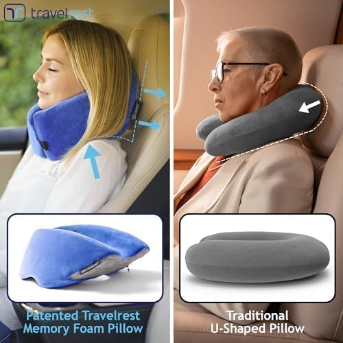 TRAVELREST Nest Neck Pillow Travel Essentials - Memory Foam Pillow and Patented Design, Support for Long Flights, Travel Accessories, Comfortable and Compact, Washable, Attaches to Luggage - Blue