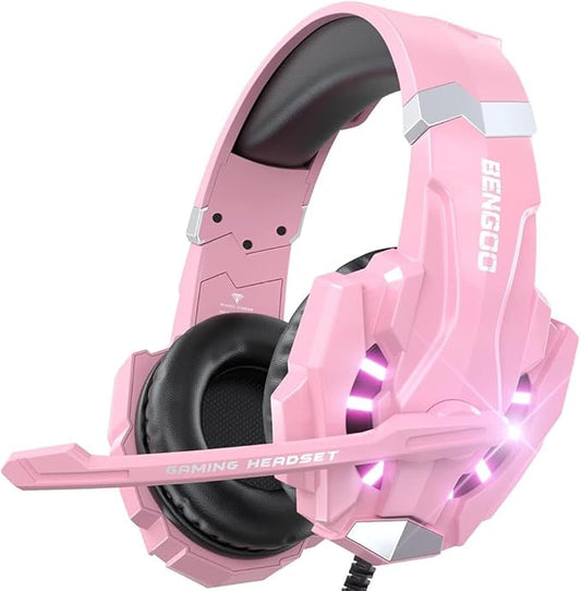 BENGOO G9000 Professional Gaming Headset for PS4, PC, Xbox One Controller, Noise Cancelling Over Ear Headphones with Mic, LED Light, Bass Surround, Soft Memory Earmuffs for Laptop Nintendo - Pink