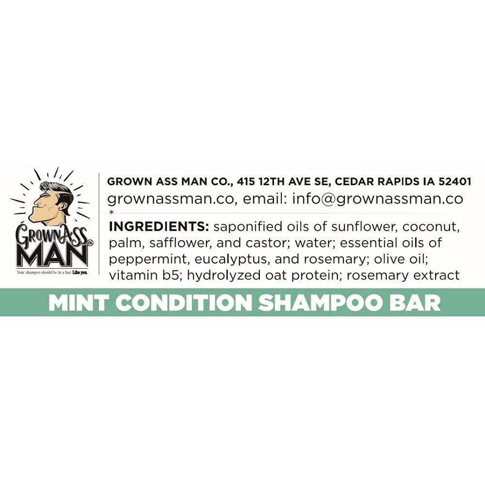 Grown Ass Man Co. - Solid Shampoo Bar Rich Lather 3 in 1: Hair, Beard & Body Wash - Plastic Free & Eco-Friendly, Natural & Organic Clean for All Hair Types, 4oz Bar (Mint Condition, Single)