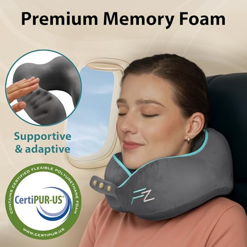 FLOWZOOM Memory Foam Travel Pillow for Airplanes & Car Rides - Adjustable Airplane Pillow with 360° Chin and Neck Support for Comfy Naps, Extra-Soft Washable Neck Pillow Cover, Squeezy Mesh Bag - Grey