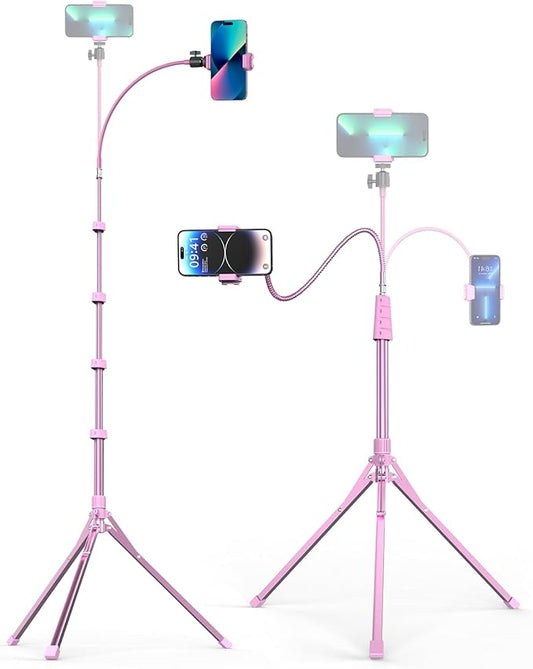 Aureday Phone Tripod, 92" Cell Phone Stand with 15" Gooseneck, Remote and Phone Holder, Overhead & Selfie Stick for Recording/Watching/Vlog, Compatible with iPhone Android, Pink