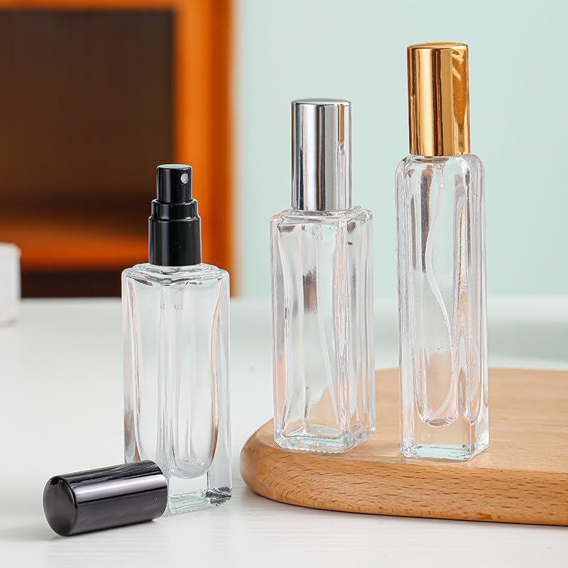4 Pcs 10ML Transparent Glass Travel Refillable Mini Perfume Bottles Fine Mist Perfume Atomizer, Small Empty Sample Containers,For Perfume, Toner, Lotion(Gold/Sliver/Black Lid)