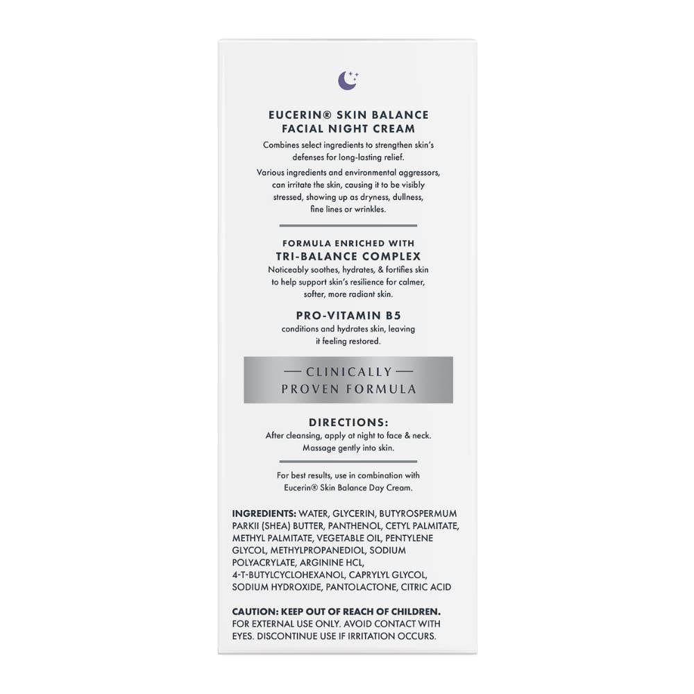Eucerin Skin Balance Night Cream, Sensitive Skin Face Moisturizer Enriched with Tri-Balance Complex, 1.7 Oz Bottle
