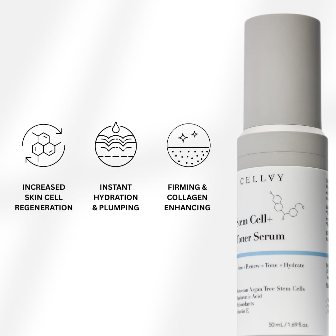 CELLVY Korean Stem Cell + Toner Serum w/Moroccan Argan Tree Stem Cells, Hyaluronic Acid & Antioxidants, Firming, Hydrating, Anti-Aging, Boosts Collagen Production, Cooling w/Aloe Vera