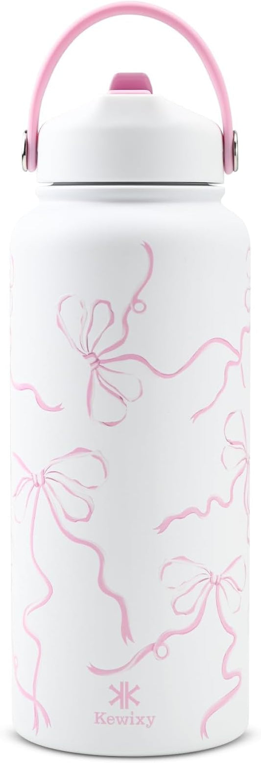 32 oz Insulated Water Bottle with Straw, Bow Water Bottle Stainless Steel with Flip Straw and Handle, Leak Proof, Metal, Reusable, Wide Mouth, for Travel, Gym and School (Breeze Pink Bow)