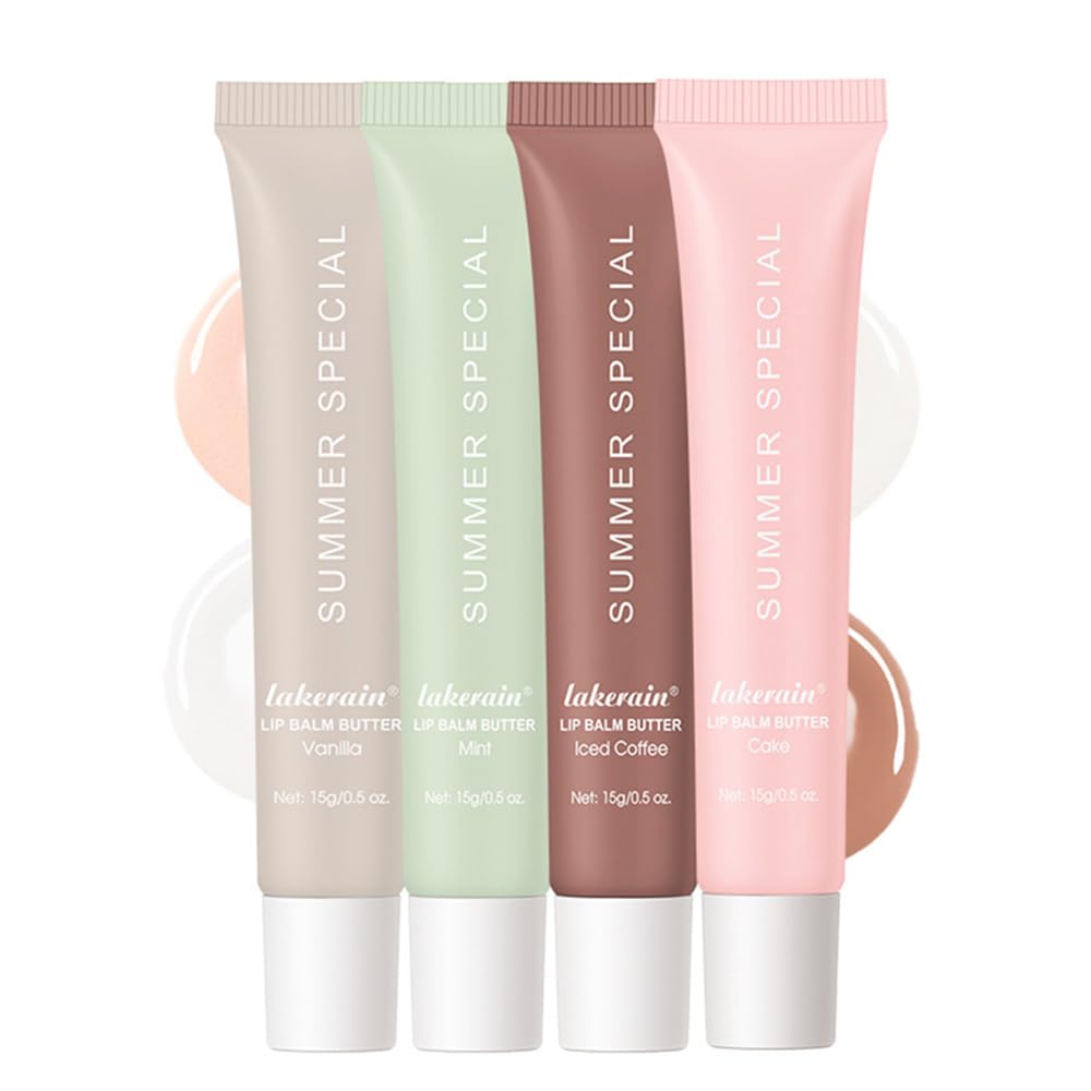 4Pcs Summer Tinted Lip Butter Balm - Ultra-Hydrating, Nourishing Lip Care with Natural Ingredients, Soothes & Softens Dry Lips, Birthday Cake with Slight Shine (Vanilla+Mint+Coffee+Cake, 4Pcs)