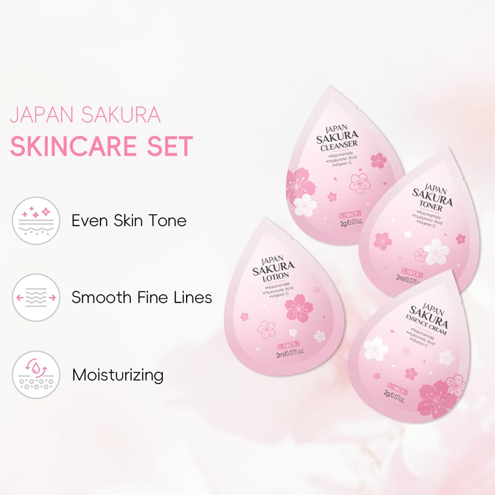 Sakura Travel Skincare Sets, 60pcs Mini Travel Skin Care kit Including Cleanser, Toner, Lotion, Serum, Cream, Sleepping Mask