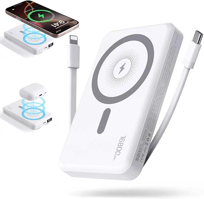 2025 Magnetic Wireless Power Bank, 16800mAh Portable Charger with 2 Built in Cables, LED Display Magnetic Battery Pack Travel Essentials for iPhone 16/15/14/13/12/Pro/Mini/Pro Max Andriod-White