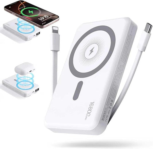 2025 Magnetic Wireless Power Bank, 16800mAh Portable Charger with 2 Built in Cables, LED Display Magnetic Battery Pack Travel Essentials for iPhone 16/15/14/13/12/Pro/Mini/Pro Max Andriod-White