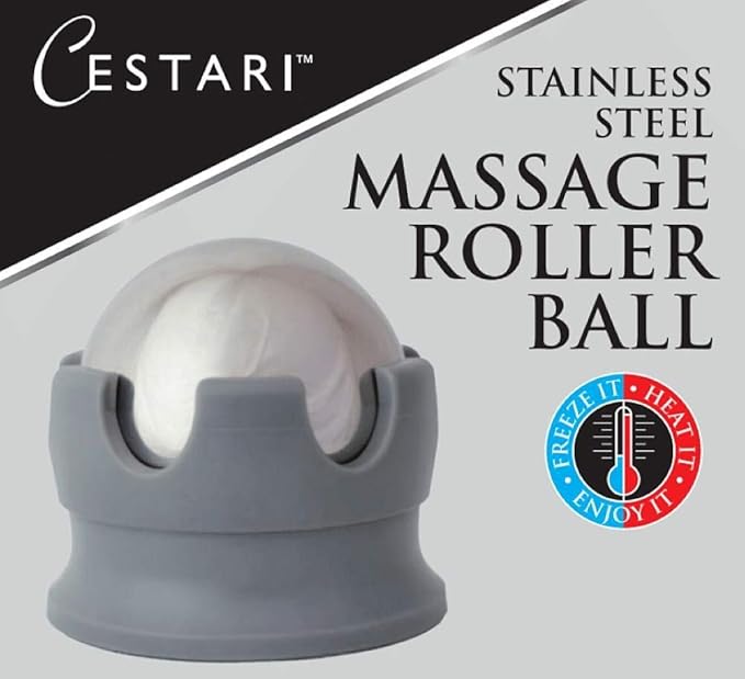 Cestari Stainless Steel Ice Hot Cold Roller for Pain Relief, Foot Massage Ball with Silicone Holder, HSA Muscle Roller, Gray