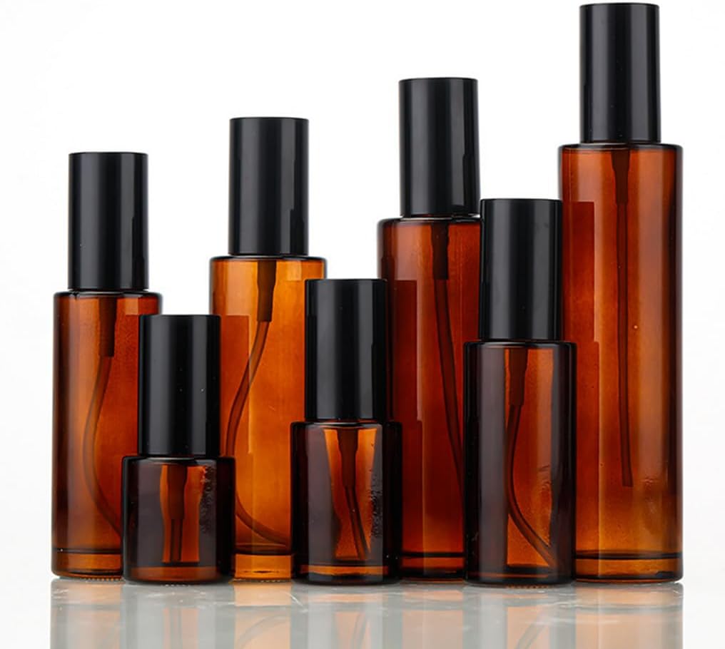 ASTRQLE 3 Pcs 60ml 2oz Amber Glass Pump Bottle - Travel Cream, Lotion, Mini Soap Dispenser, Cosmetic Bottle, Container, Vial, Jar for Shampoo, Essential Oil, Liquid Foundation