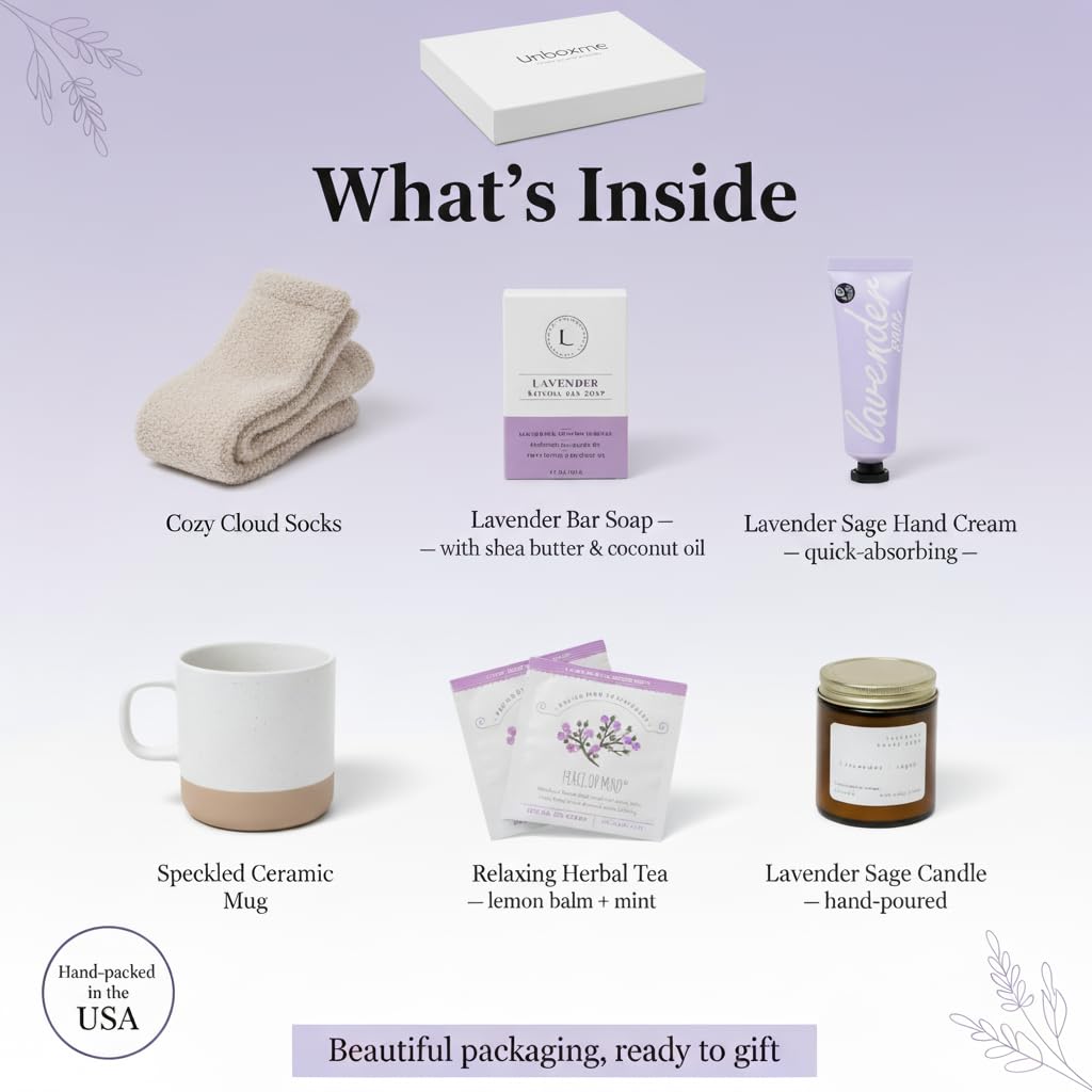 Unboxme Luxury Lavender Spa Gift Set – Relaxation Gift Basket & Care Package for Women with Candle, Bath Bomb, Soap, Cozy Socks, Mug & Tea – Get Well Soon, Sympathy, Birthday Self-Care Gift
