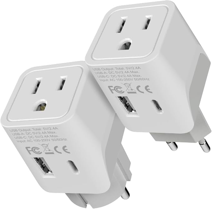 Ceptics European Travel Plug Adapter – Compact Type C & F Adapter with USB-C & A + USA Input – Safe Grounded Schuko Adapter – Travel Charger for France, Germany & More – CTU-9-9C-PK