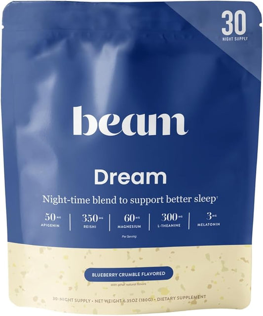 Beam Dream Sleep Powder, L-Theanine, Apigenin, Reishi and Magnesium, Third Party Tested Natural Sleep Aid & Sleep Supplement for Deep Sleep, Relaxation and Recovery, Natural Sleep Support, 30 Servings