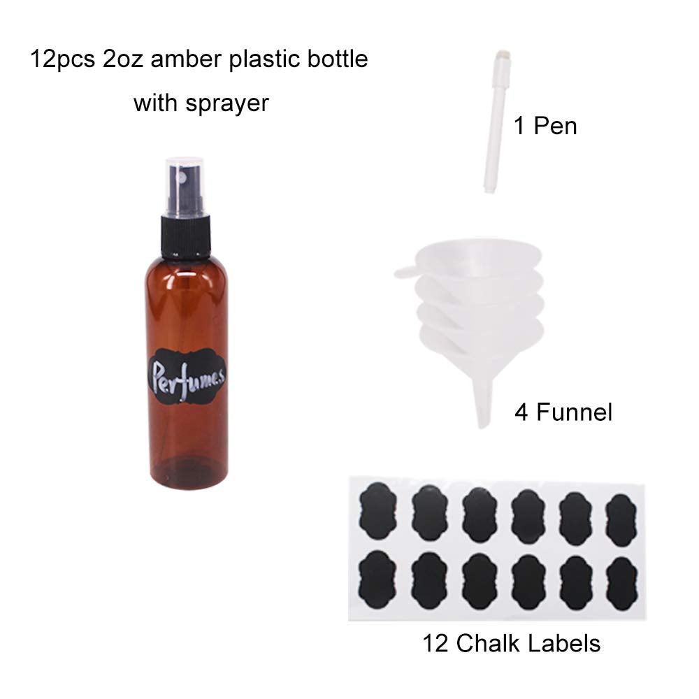 BPFY 24 Pack 2oz Amber Plastic Spray Bottles For Essential Oils, Perfumes, Cosmetics, Alcohol, Fine Mist Spray Bottle, Mini Travel Bottle, Small Refillable Liquid Containers