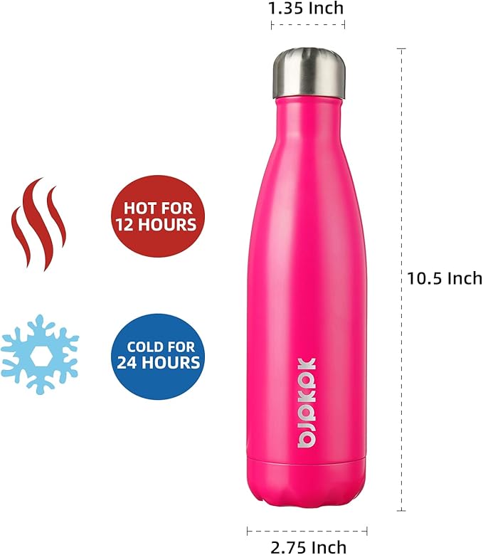 BJPKPK 17oz Insulated Stainless Steel Water Bottles,Sports Water Bottles Keep Cold for 24 Hours and Hot for 12 Hours,BPA Free for Travel,Pink