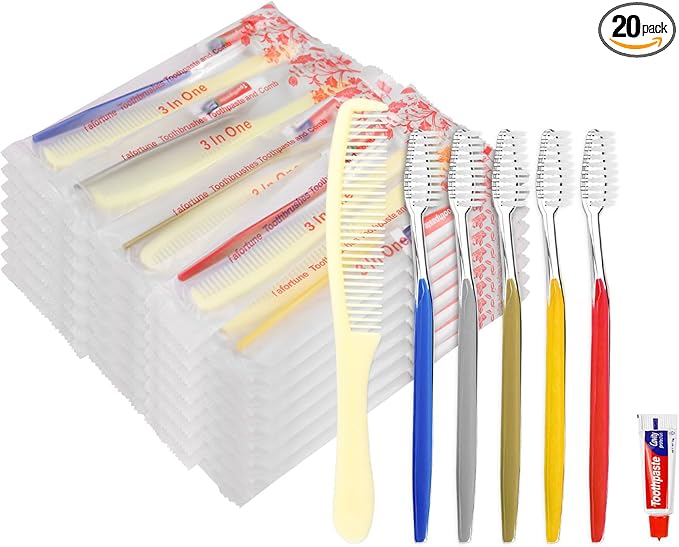 20 Pack Disposable Toothbrushes with Toothpaste and Comb for Homeless Individually Wrapped-Suitable for Hotel,Air Bnb,Shelter/Homeless/Nursing Home/Charity(（20 pcs）)