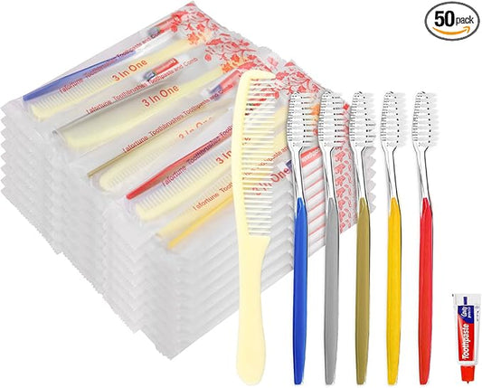 50 Pack Disposable Toothbrushes with Toothpaste and Comb for Homeless Individually Wrapped-Suitable for Hotel,Air Bnb,Shelter/Homeless/Nursing Home/Charity(（50 pcs）)