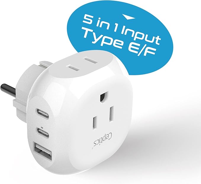Ceptics European Schuko Travel Adapter - 5 Input with 20W PD-QC 3.1A Dual USB-C and USB - Ultra Compact - Light Weight - USA to Type E/F Countries Such as Germany, France and More (PTU-9), White