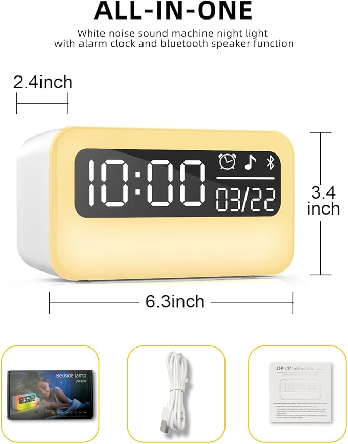 4-in-1 White Noise Sound Machine with 24 Soothing Sounds, Adjustable Night Light for Kids Adult, 4000mAh Rechargeable Bluetooth Speaker with Time Display