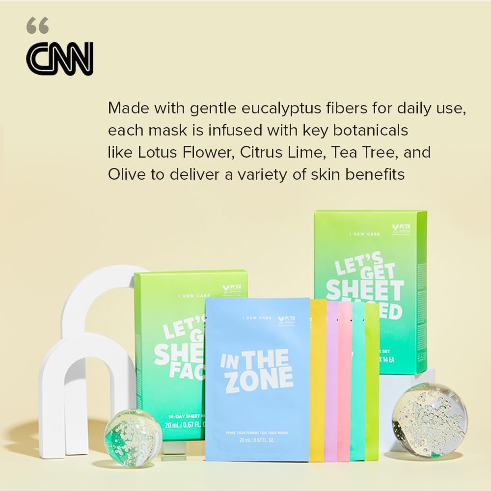 I DEW CARE Glass Skin Facial Sheet Mask Variety Pack - Let's Get Sheet Faced | 14 Days Facial Masks Set, Moisturizing Face Masks Skincare, Korean Face Mask, Hydrating Collagen Face Mask, 14 Count