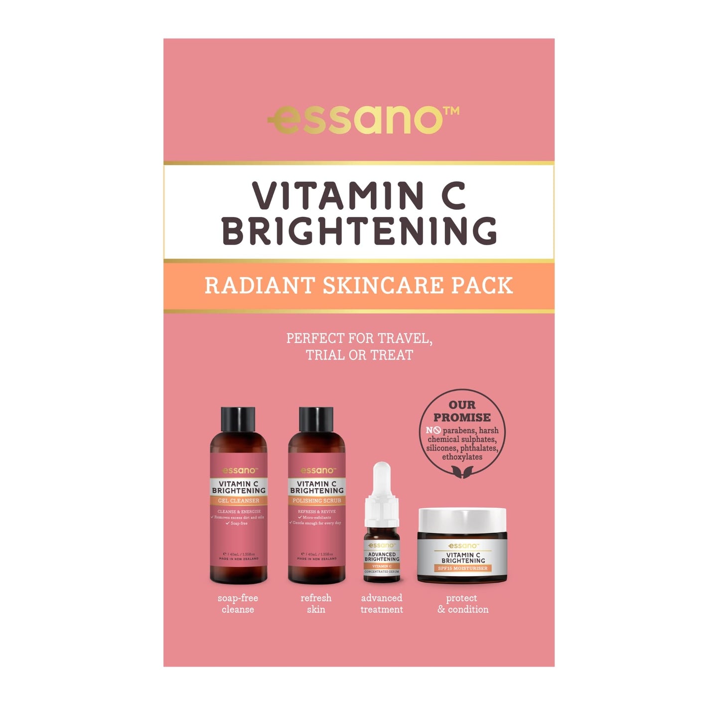 Essano Vitamin C Skin Care Set, Radiant Skincare Pack with Gel Face Cleanser (40ml), Exfoliating Face Scrub (40ml), Facial Serum (3ml), SPF15 Moisturizer (10g), For Travel or Trial, Cruelty Free