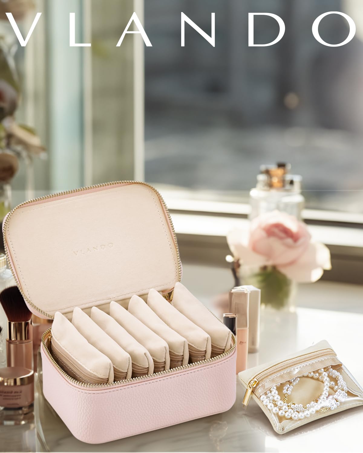 Vlando Travel Jewelry Organizer,Jewelry Box for Girls Women,Jewelry Case for 8 Pcs Velvet Jewelry Bags Storage for Necklace Rings Girls Women Valentines Gift Birthday Gifts-Pink