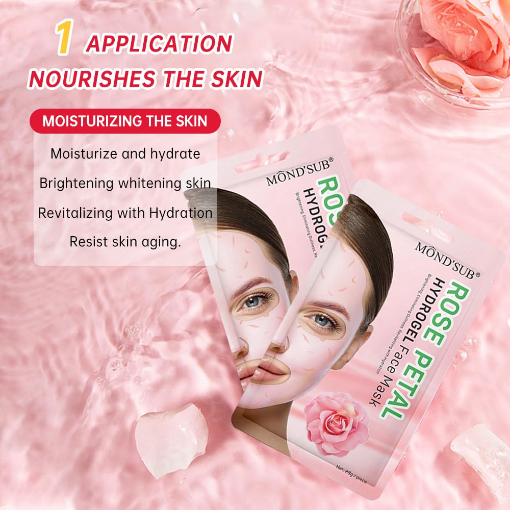 Hydrogel Collagen Sheet Mask with Rose Petal, Instant Brightening Hydrating Face Mask Sheet Mask for Firming, Elasticity Improvement 12-Pack