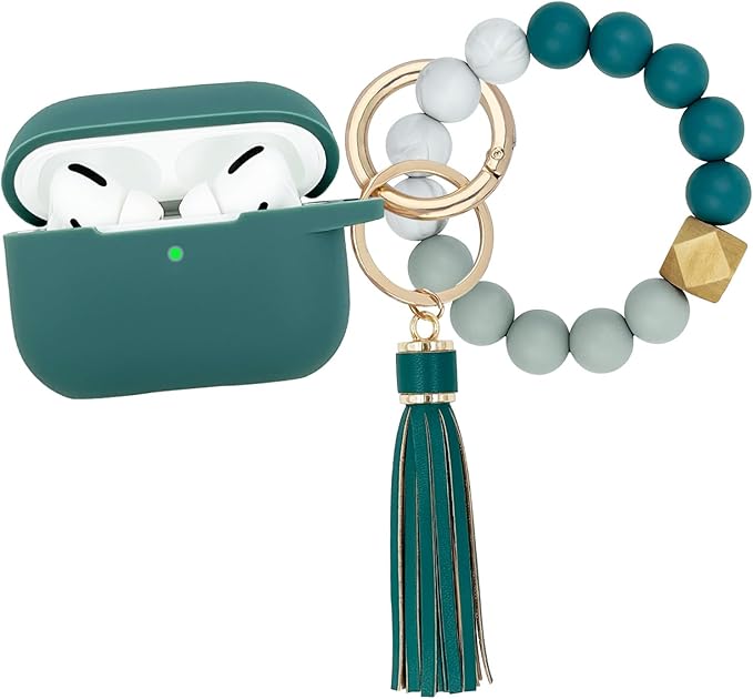 Compatible with Airpods Pro Soft Silicone Case Cover with Bracelet Keychain for Apple Airpod Pro 1st Generation Case for Women (Pine Green)