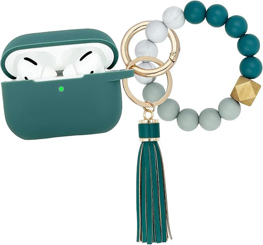 Compatible with Airpods Pro Soft Silicone Case Cover with Bracelet Keychain for Apple Airpod Pro 1st Generation Case for Women (Pine Green)