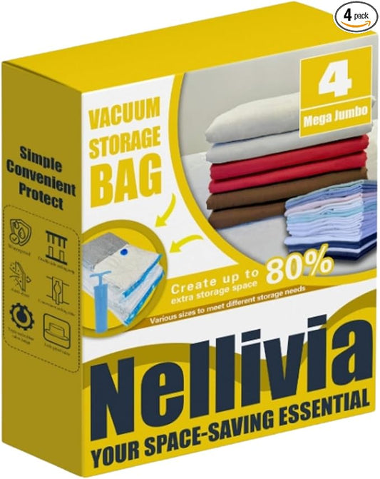 4 Mega Jumbo XXL Vacuum Storage Bags with Pump (47x35in), Supersized Compression Space Saver for Comforter, duvet, Bedding, Blanket storage, Vacuum Seal Bags for Clothing, Stuffed Toy, Cushions