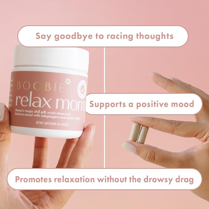 Boobie Relax Mom, Postpartum Stress Support Supplement | Lactation Approved | Mood and Energy Support with Ashwagandha & L-Theanine, 60 Capsules