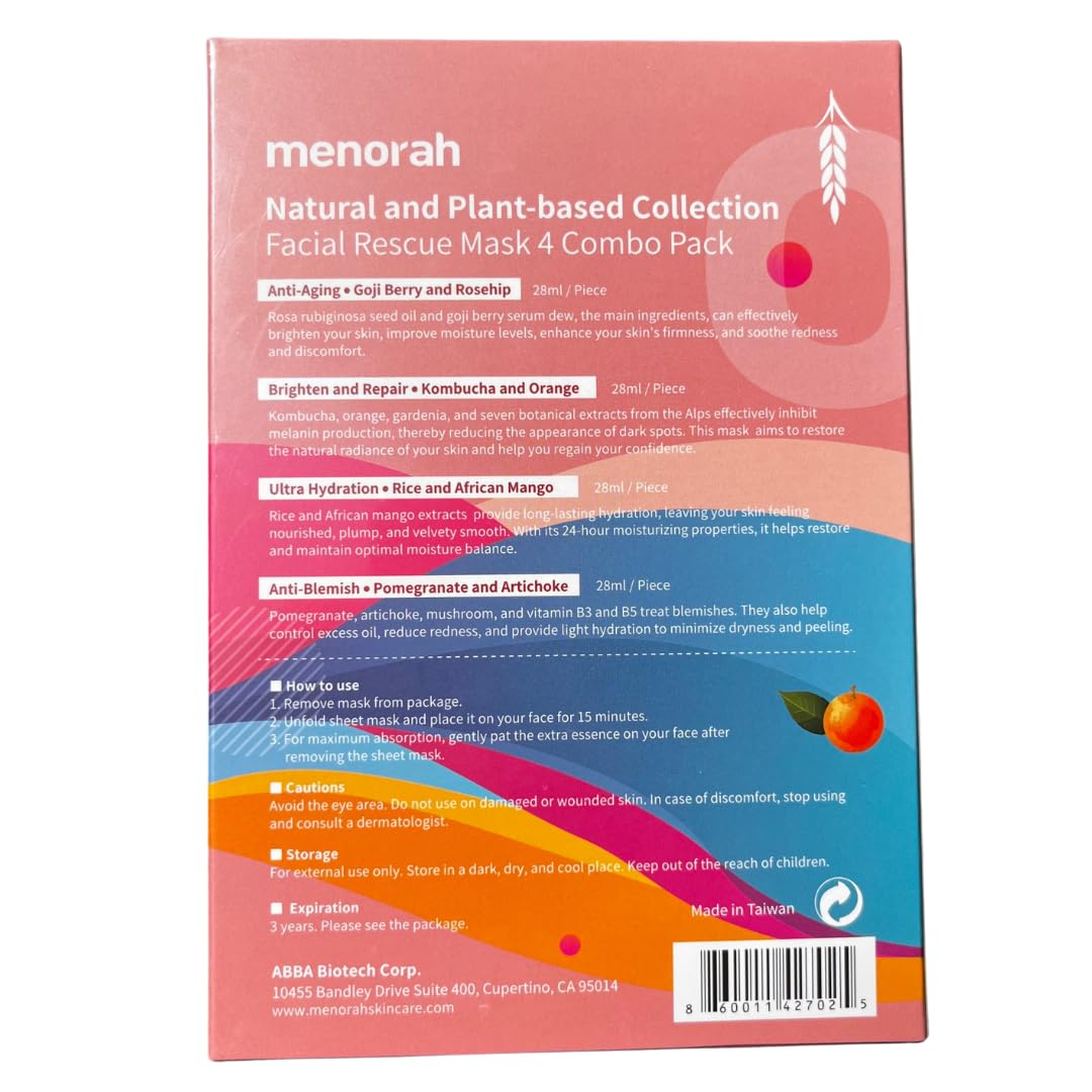 menorah Skincare - Facial Rescue Mask, Natural and Plant-Based Collection, Face Sheet Mask, Brightening, Anti-Aging, Hydration, Anti-Blemish, 4Combo Pack