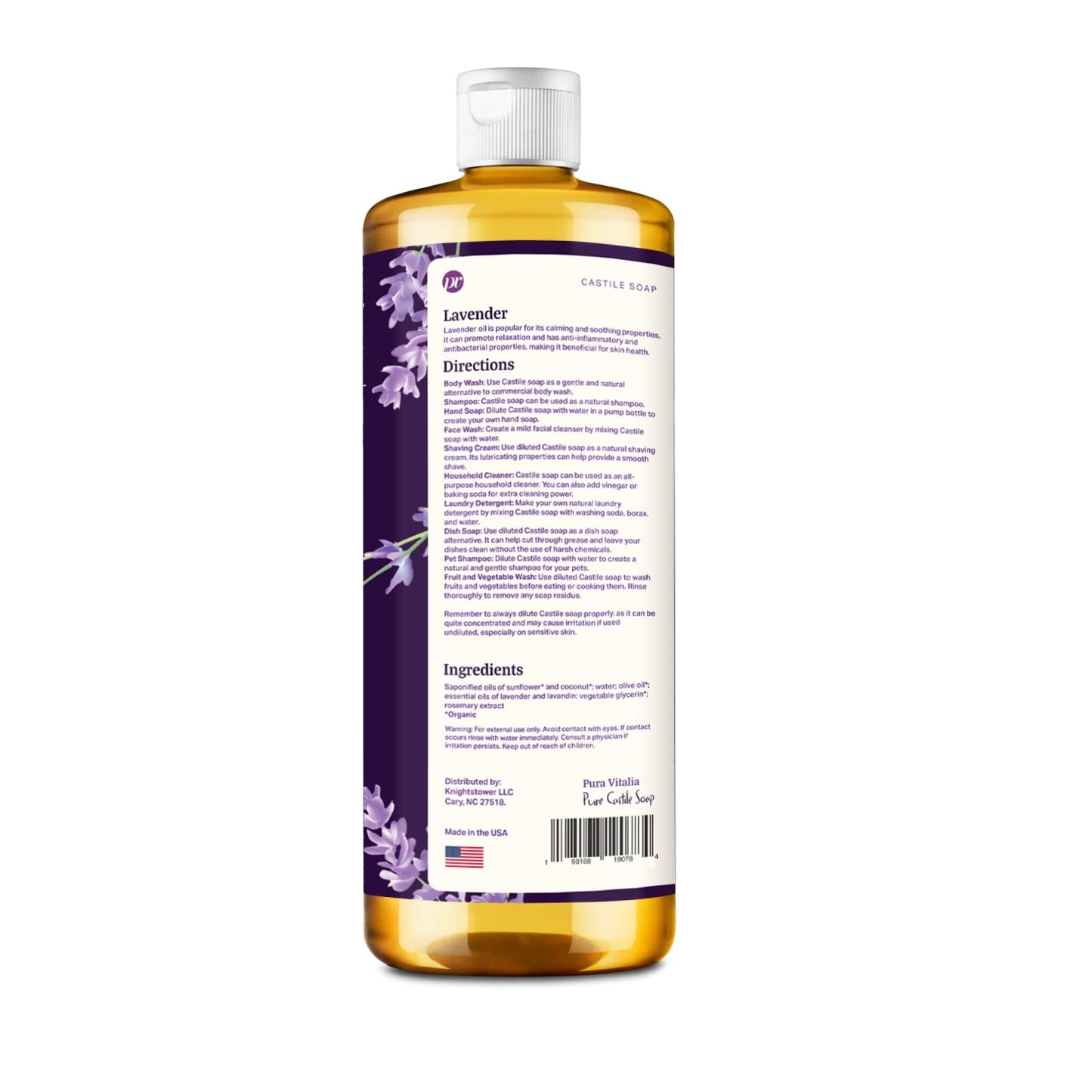 Pura Vitalia Lavender Organic Castile Soap | Body Wash & Cleanser for Face & Hands | Biodegradable, Eco-Friendly, Palm Oil Free, Vegan & Gentle | Made with 6 Natural Ingredients - 32 oz