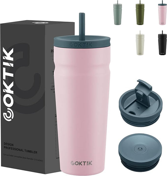 COKTIK 24oz Insulated Tumbler with Lid and Straw 2 Lids (Straw/Flip) Iced Coffee Cup Reusable Stainless Steel Travel Mug Water Bottle Cupholder Friendly for Women Men Her Him (Blush)