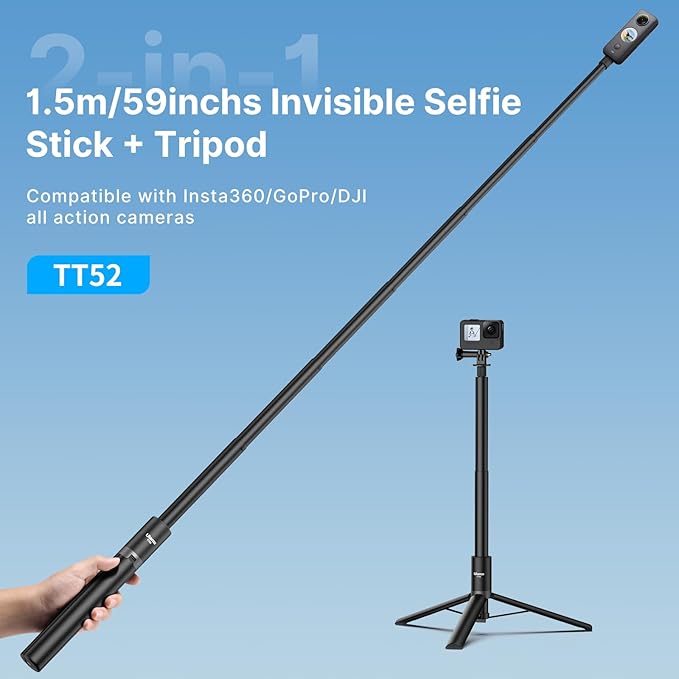 59in Invisible Selfie Stick Tripod for Insta360 X5/X4/X3/ONE X2/GO 3s/DJI Osmo 360, ULANZI TT52 Extension Pole Adjustable Waterproof Handle Grip for GoPro, DJI Osmo Pocket 3 Action 5 Pro/4