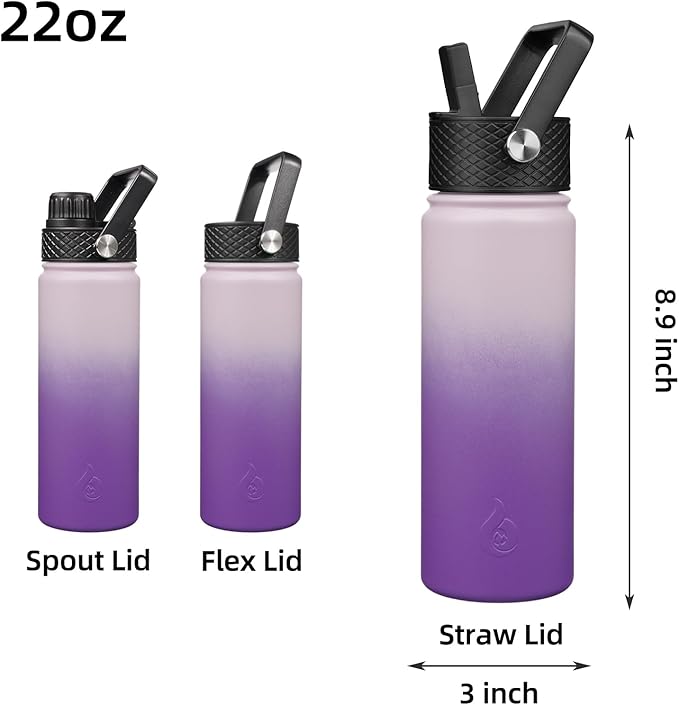 BJPKPK Insulated Water Bottles with Straw Lid, 22oz Cold & Hot Thermo, Stainless Steel Metal Water Bottle with 3 Lids, Reusable Thermo, Cups, Mugs for Daily Use-Violet