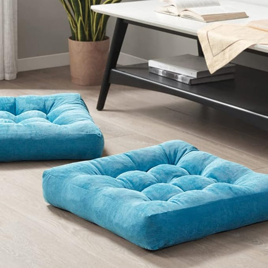 Meditation Floor Pillow Set of 2, Square Large Pillows Seating for Adults, Tufted Corduroy Cushion for Living Room Tatami, Turquoise, 22x22 Inch