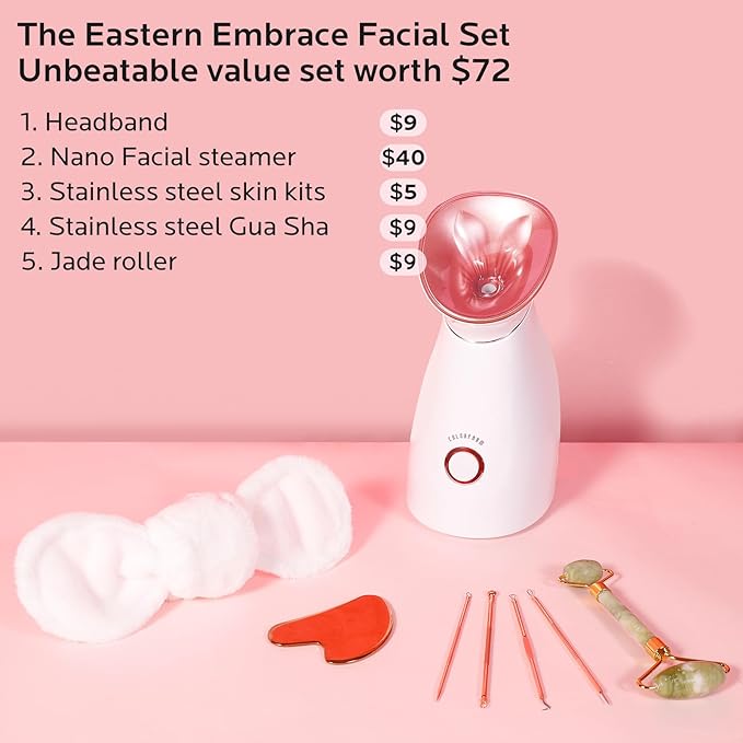 Colorfarm Facial Steamer Skin Care Kit: Face Steamer Home Spa Deep Cleaning Unclogs Pores with 4 Skin Care Tools - Relaxing Self Care Skincare Beauty Gifts for Women Girl (Eastern Embrace Facial Set)