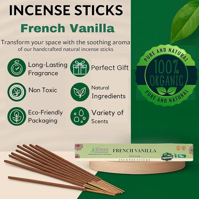 Bless-French-Vanilla 100%-Natural-Handmade-Hand-Dipped-Incense-Sticks Organic-Chemicals-Charcoal-Free Purification-Relaxation-Positivity-Yoga-Meditation Best-Woods-Scent (500 Sticks(26 OZ))