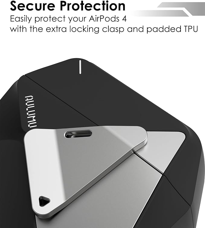 Aulumu A29 Geometric AirPods 4 Case with Lock | Protective Cover with Nylon Buckle | Alloy Armour | Compatible with Apple AirPods 4th (2024) - Black