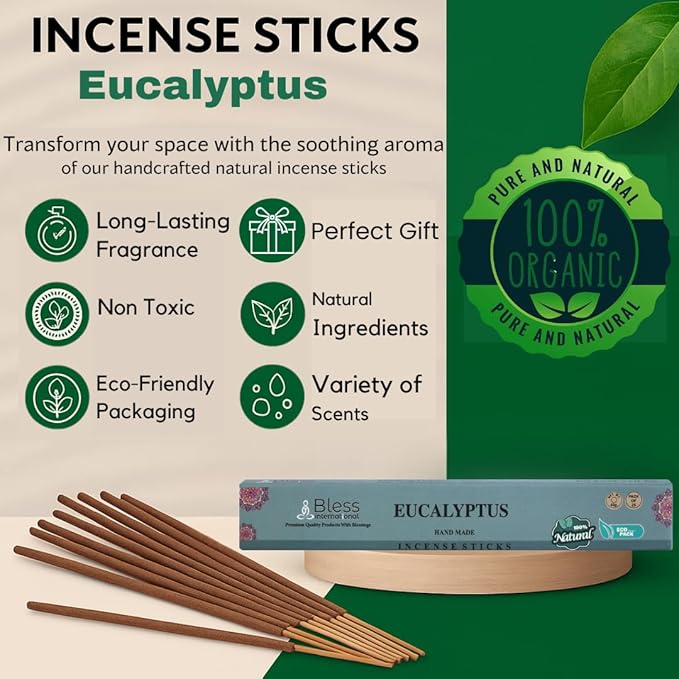 Bless-Eucalyptus 100%-Natural-Handmade-Hand-Dipped-Incense Organic-Chemicals-Charcoal-Free Purification-Relaxation-Positivity-Yoga-Meditation Best-Woods-Scent (25 Sticks (1.4 OZ))
