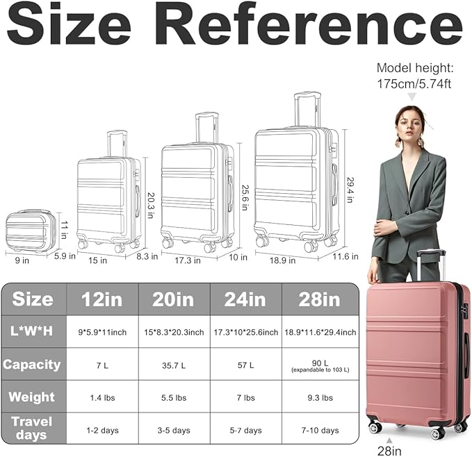Kono 4 Piece Luggage Sets Expandable(only 28") Lightweight with Spinner Wheels TSA Lock Hardside Travel Rolling Suitcases 20in 24in 28in Carry on and 12in Mini Cosmetic Case Nude/Rose Pink