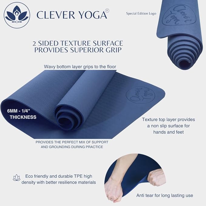 Clever Yoga Better Grip Thick Yoga Mat - Beginner Exercise Yoga Mat with Non-Slip Surface for Home Gym, Earth-Friendly & Recyclable Pilates and Workout Pad Women & Men, 1/4 Inch Thick