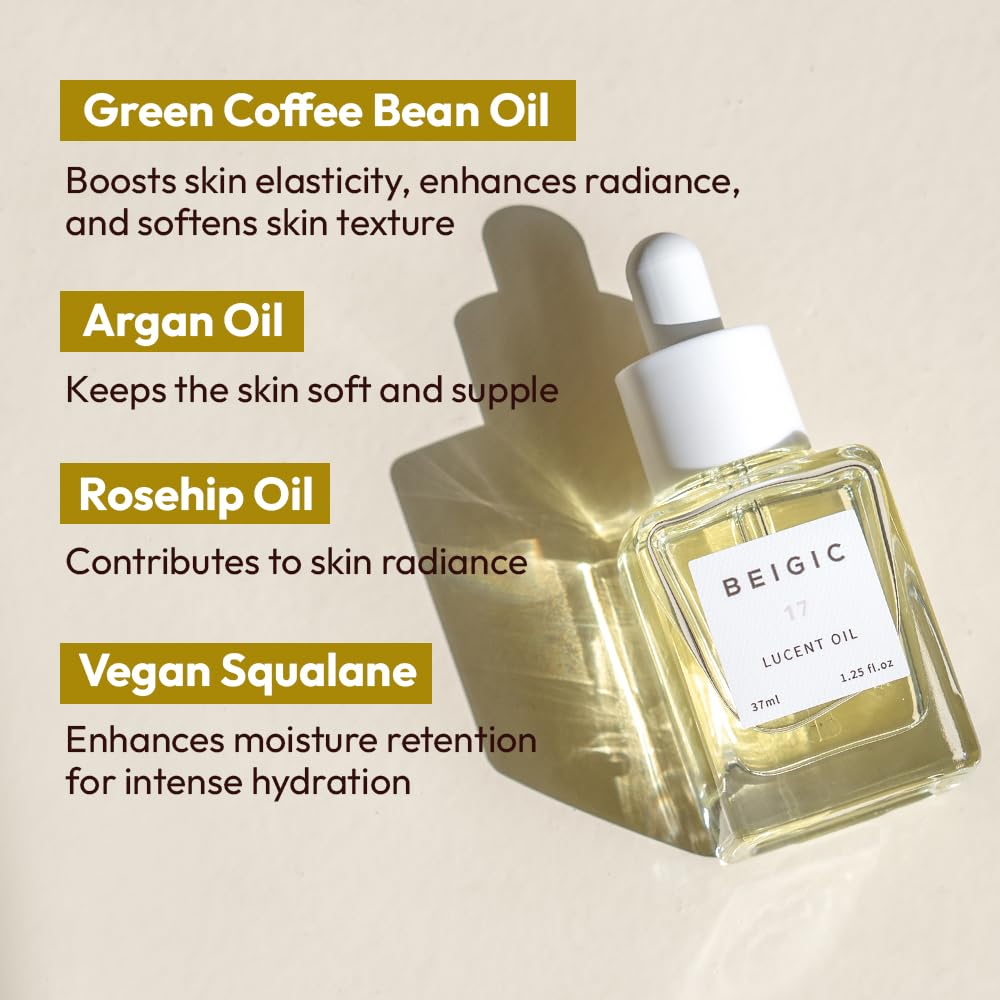 BEIGIC Lucent Oil - Vegan Face Oil Firming Hydrating Serum with Green Coffee Bean, Argan, Rosehip Oils & Squalane for Glowy Skin (1.25 Fl. Oz)