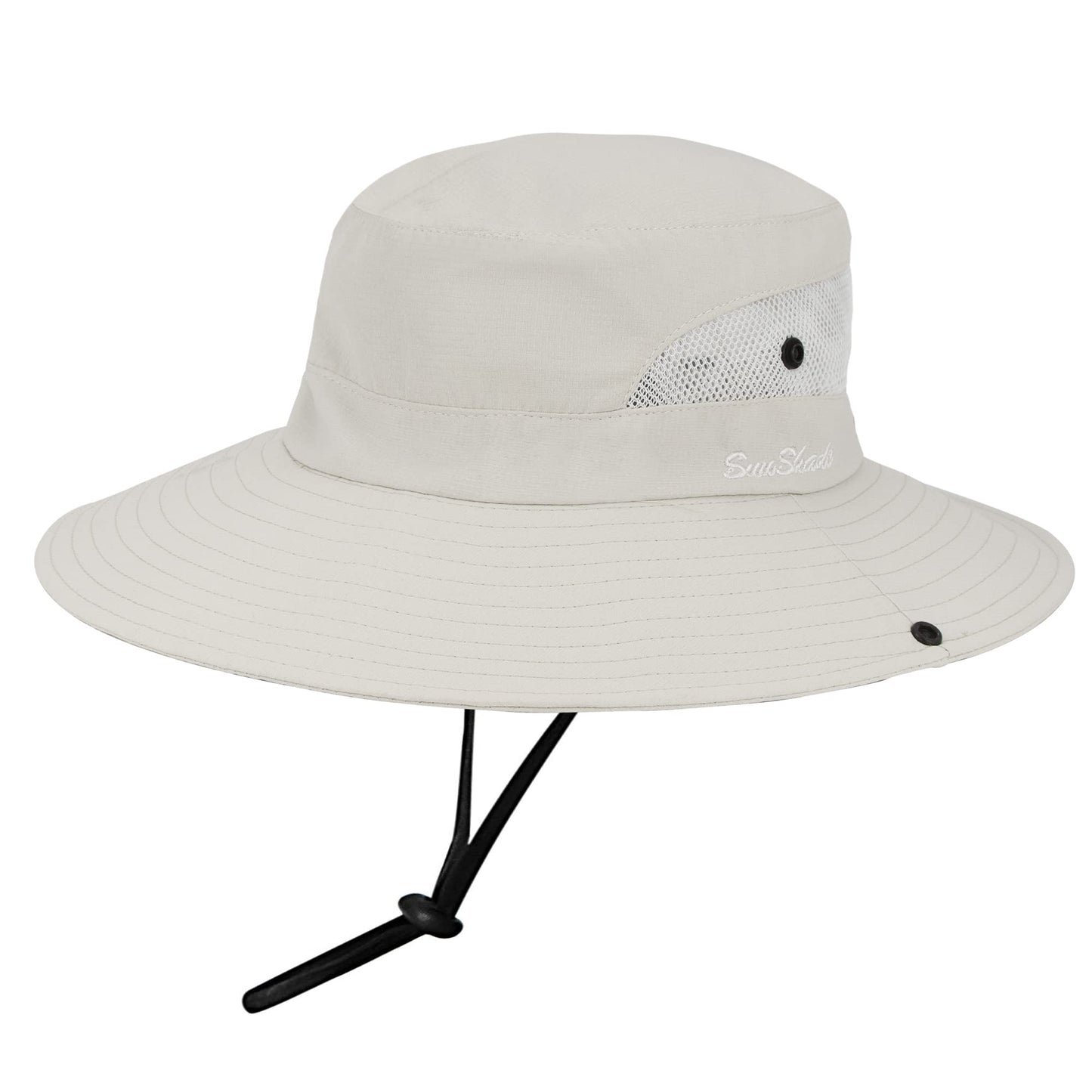Women's Outdoor UV-Protection-Foldable Sun-Hats Mesh Wide-Brim Beach Fishing Hat with Ponytail-Hole Beige