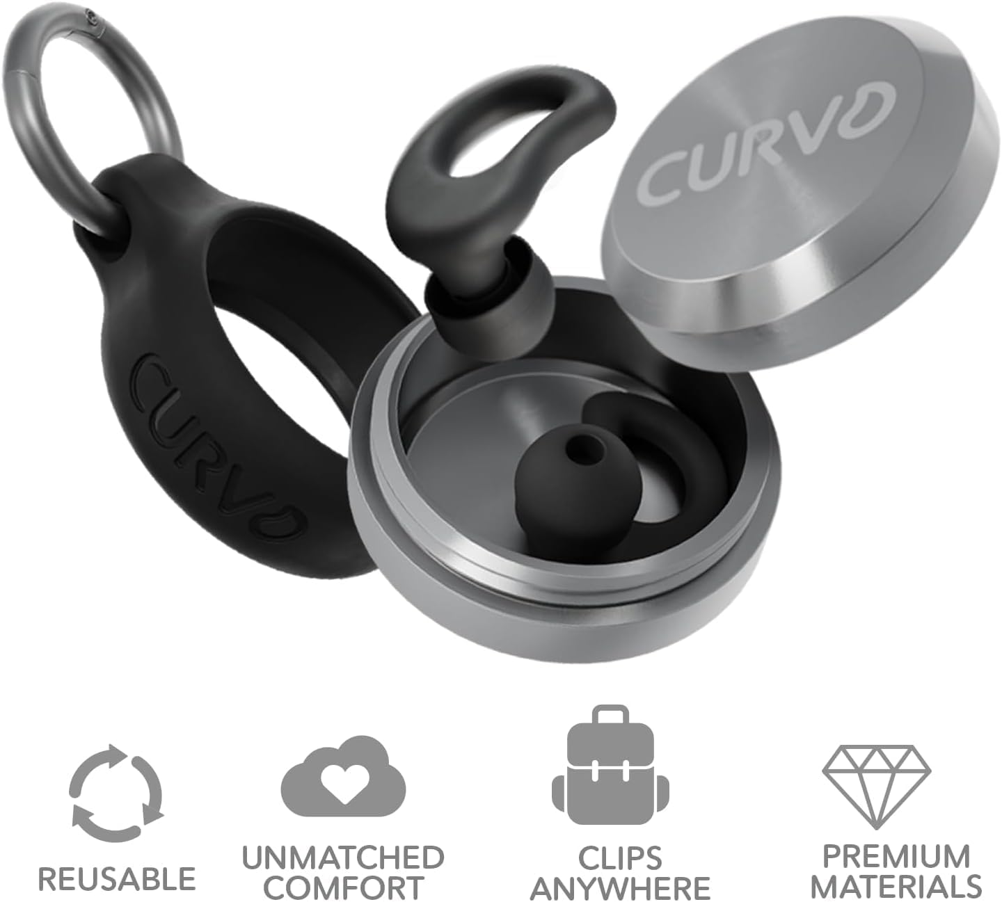 CURVD Everyday Earplugs + Case Clip Bundle, The Perfect earplug for Sleep, Travel, Noise Sensitivity/canceling + Case Clip Package Portable Waterproof Container & Silicone Sleeve for Ear Plugs(Black)