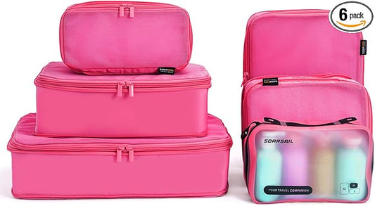 Compression Cubes, XL/L/M/S Travel Luggage Organizers (6 Set, Rose Red)